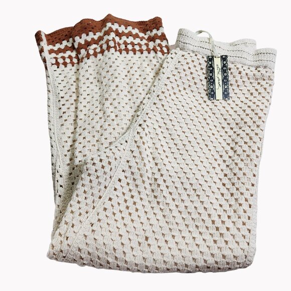 Ultra Pink Womens L Crochet Top Pants Set Boho 2 Piece Outfit Brown Cream Knit - Picture 6 of 11